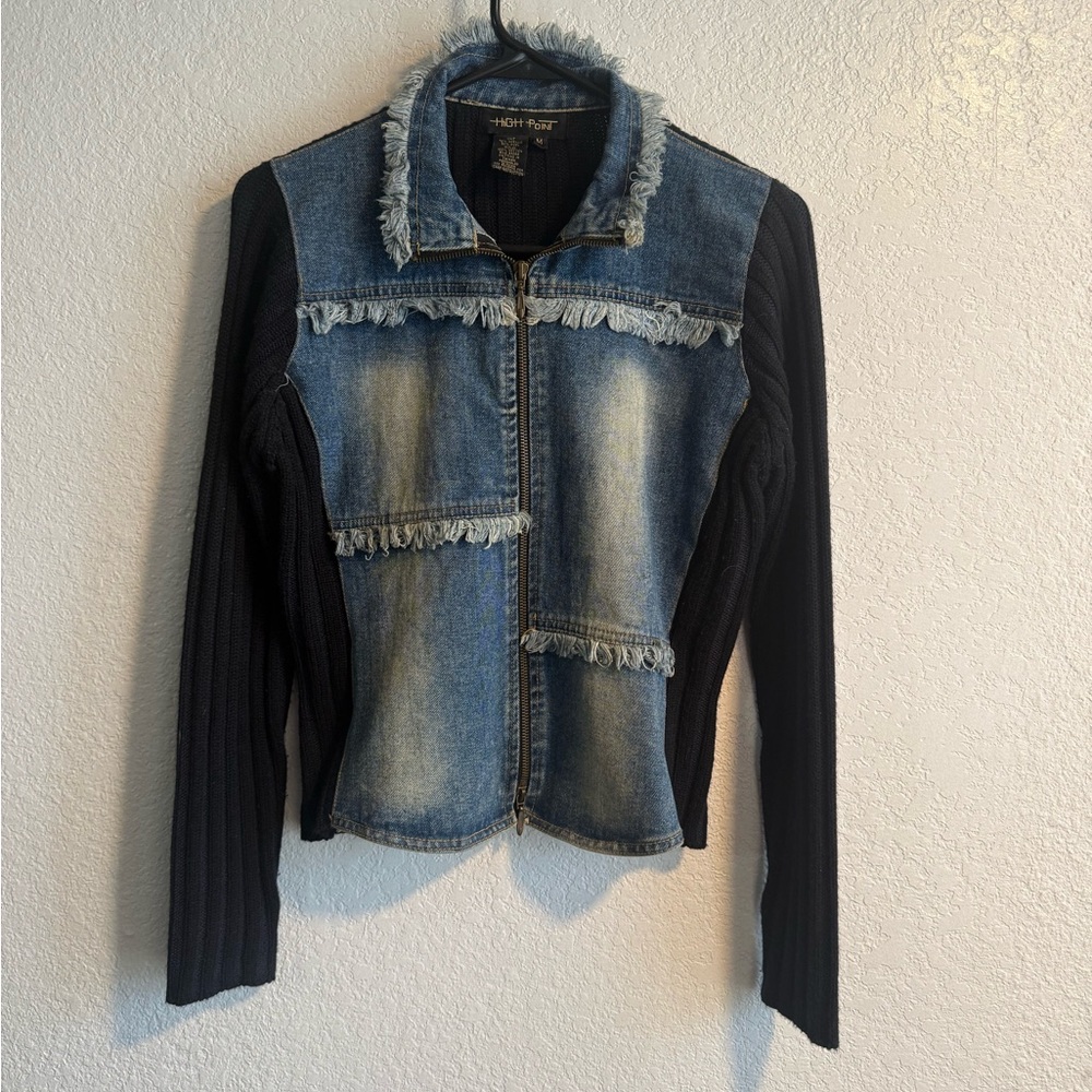 Hybrid Denim Jacket with Knit Sleeves - Black & Faded Blue